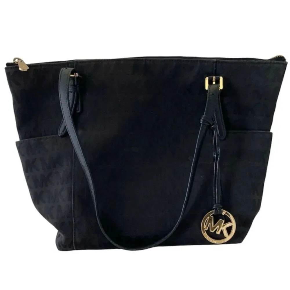 Michael Kors Women's Soft HandBag, Large - Black MK Logo - Picture 3 of 16